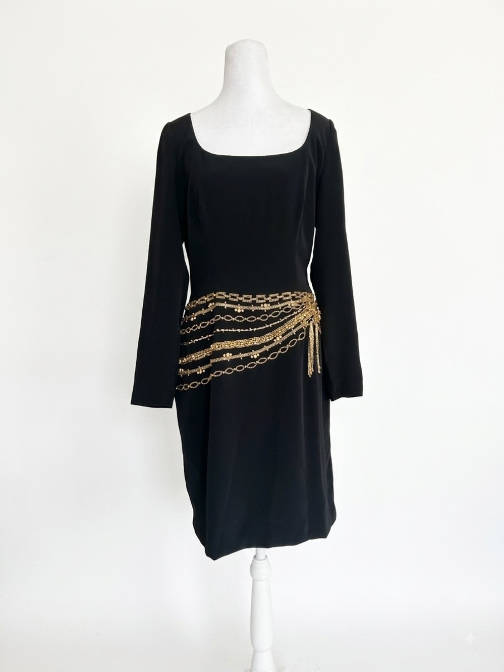 VTG Nite Line Black Cocktail Dress 10 Gold Chain Swag Belt Mob Wife Gatsby